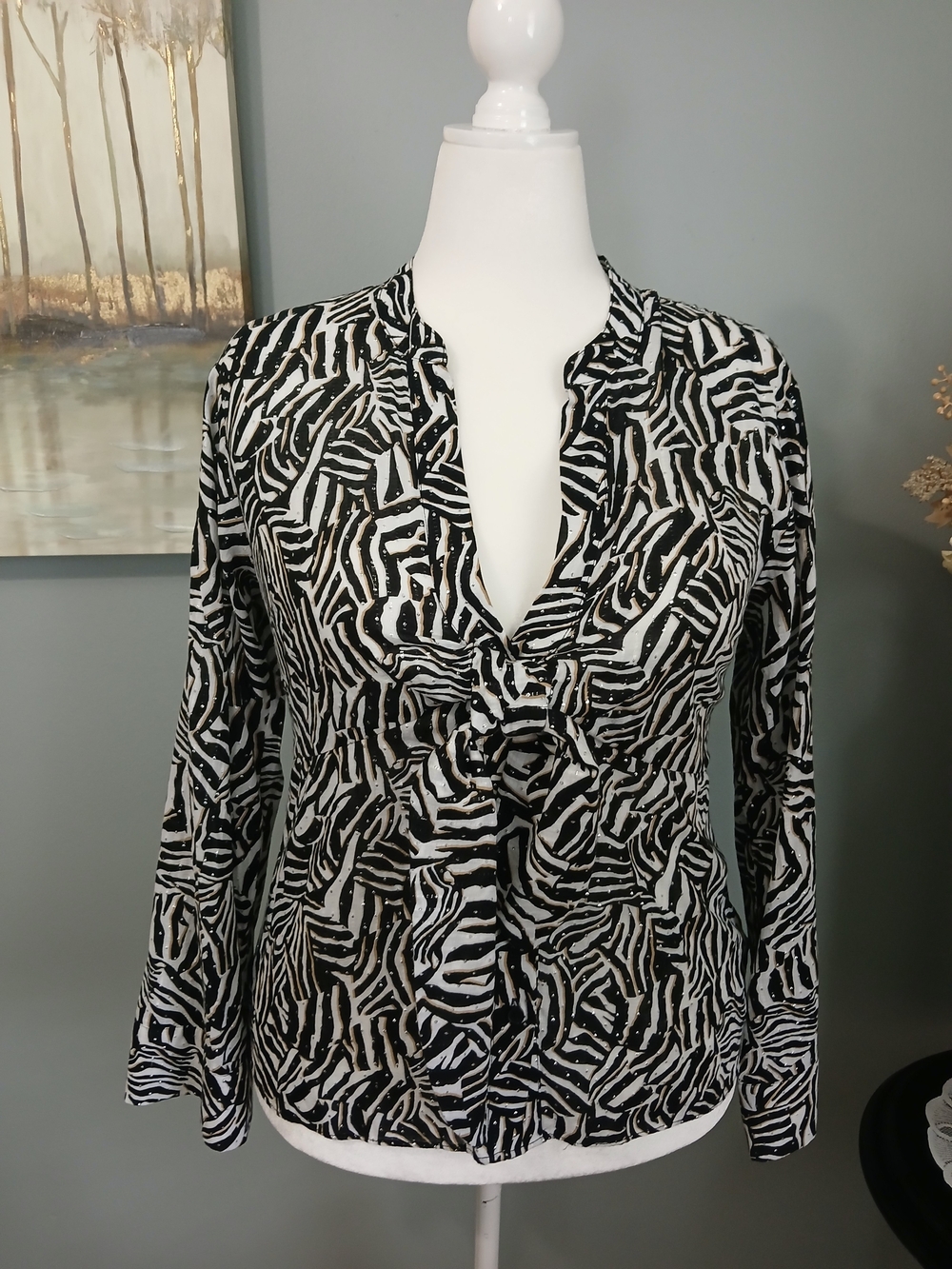 Michael Kors Black and White Twist-Front V-Neck Blouse